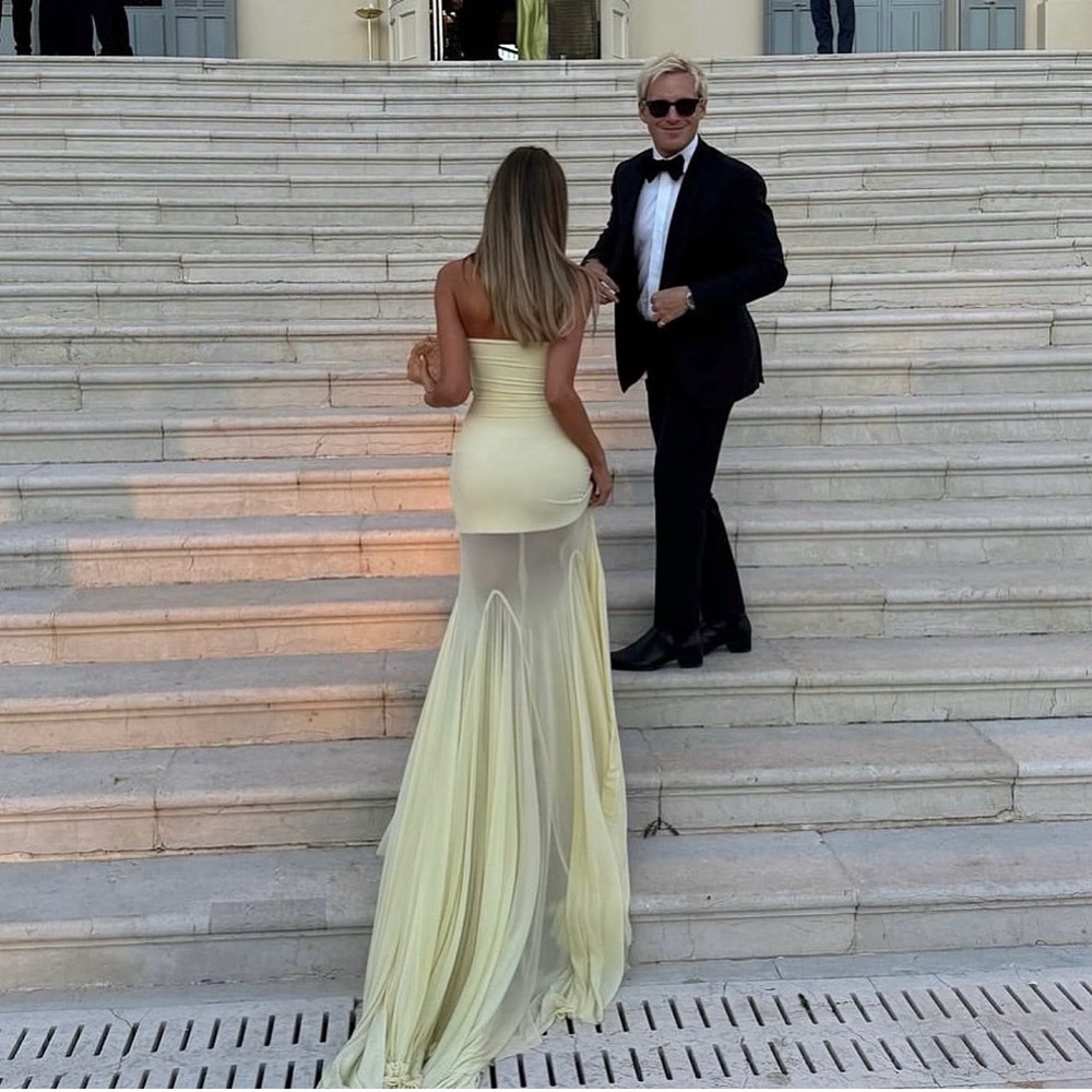 Strapless Yellow Maxi Dress with Sheer Train